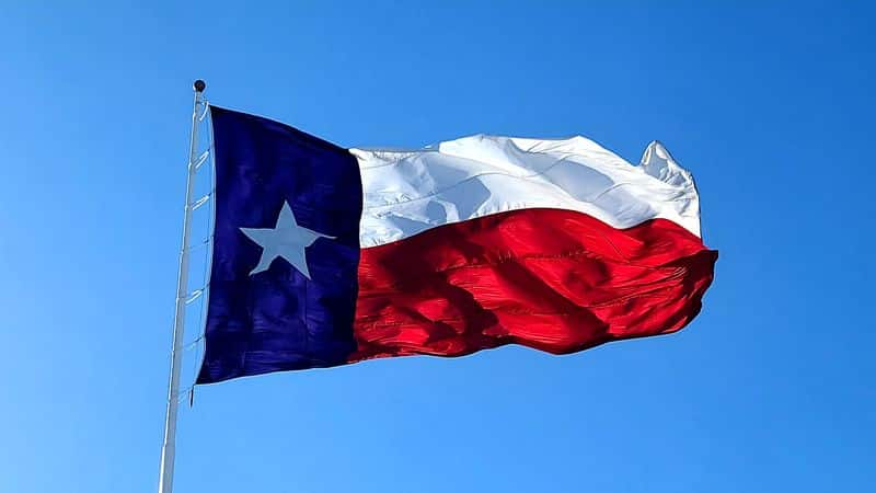 A Texas state flag waves against a blue sky