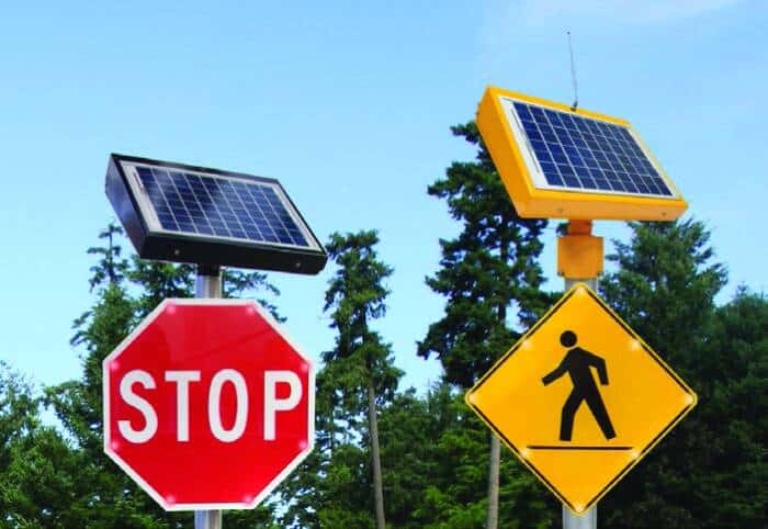 Solar powered LED-flashing traffic signs