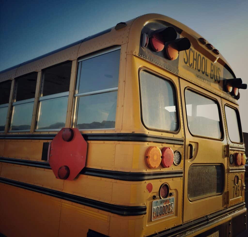Back view of a yellow school bus