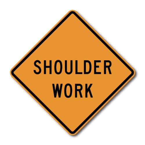 An orange “Shoulder Work” type of construction sign