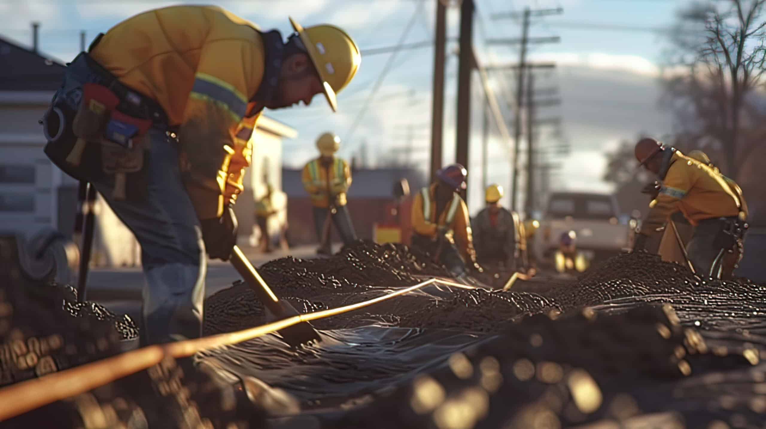 Workers wearing safety equipment while working at a construction site