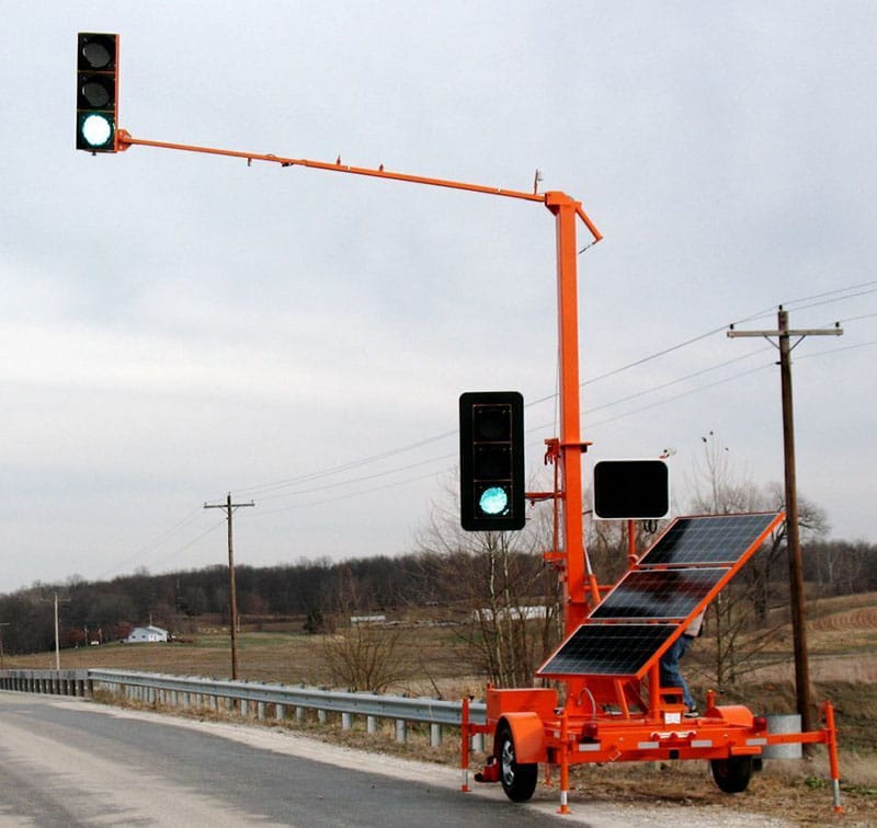 portable traffic signal in a construction zone on a winter day