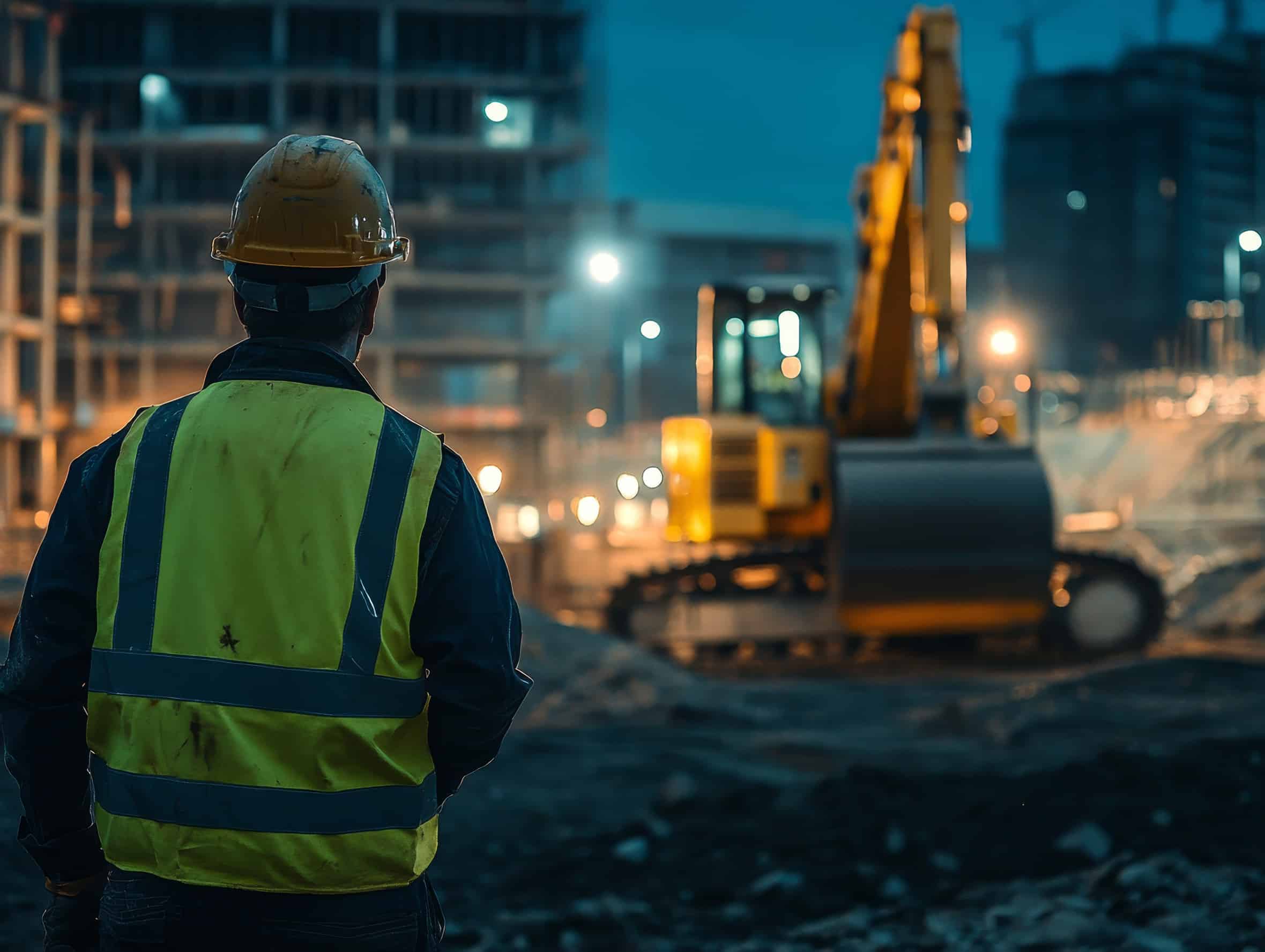 The back of a construction worker wearing a high-visibility vest while observing a worksite at night